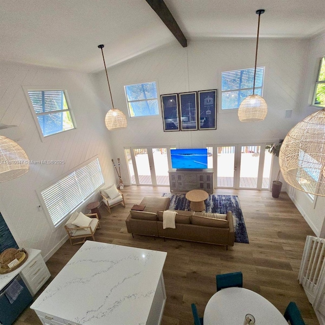 460 Barry Ave, Lower Keys, FL 33042 - living area with high vaulted ceiling, wood finished floors, french doors, and beam ceiling