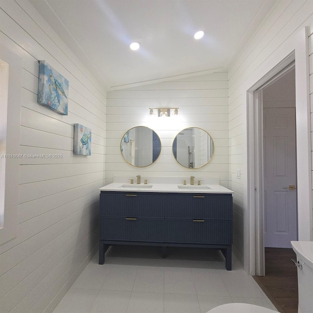 460 Barry Ave, Lower Keys, FL 33042 - full bathroom with double vanity, lofted ceiling, and wood walls