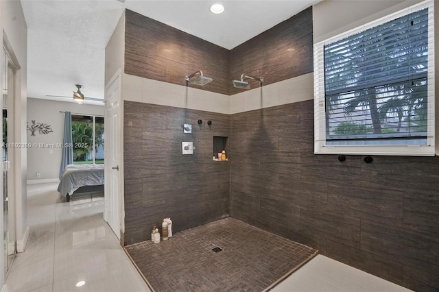 1070 Briar Ridge Rd, Weston, FL 33327 - ensuite bathroom with a tile shower, tile patterned floors, a ceiling fan, and recessed lighting