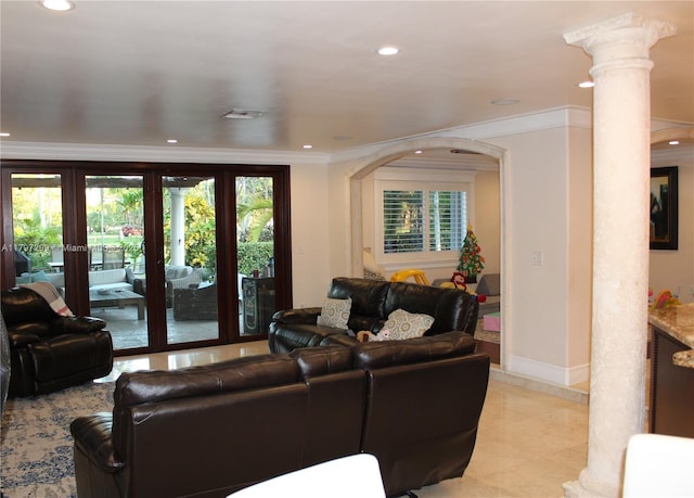 9941 SW 97th Ct, Miami, FL 33176 - living room featuring ornate columns, recessed lighting, crown molding, arched walkways, and plenty of natural light