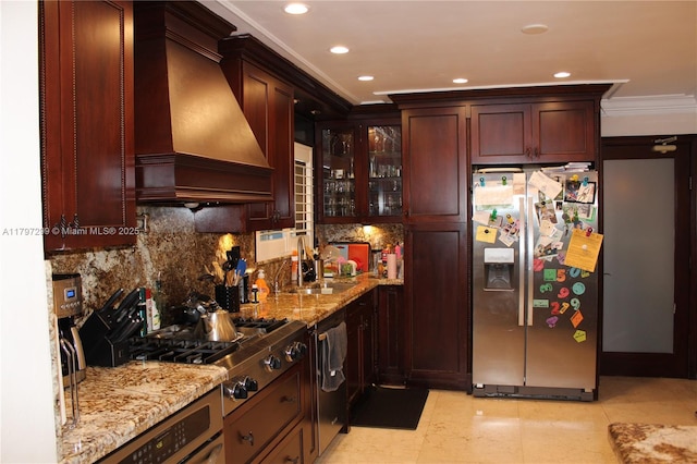 9941 SW 97th Ct, Miami, FL 33176 - kitchen featuring appliances with stainless steel finishes, custom exhaust hood, a sink, tasteful backsplash, and ornamental molding