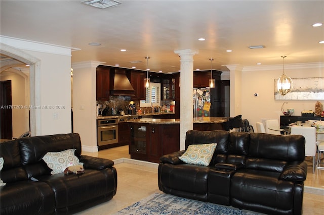 9941 SW 97th Ct, Miami, FL 33176 - living area with recessed lighting, ornamental molding, and light tile patterned floors