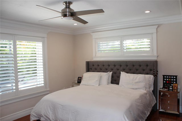 9941 SW 97th Ct, Miami, FL 33176 - bedroom featuring multiple windows, ornamental molding, recessed lighting, dark wood-style flooring, and ceiling fan