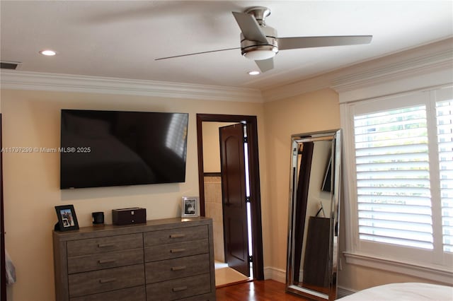 9941 SW 97th Ct, Miami, FL 33176 - bedroom with ornamental molding, dark wood finished floors, ceiling fan, baseboards, and recessed lighting