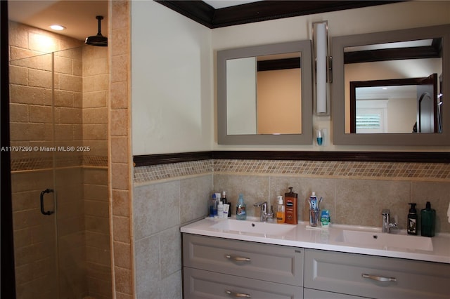 9941 SW 97th Ct, Miami, FL 33176 - bathroom with a shower stall, double vanity, and tile walls
