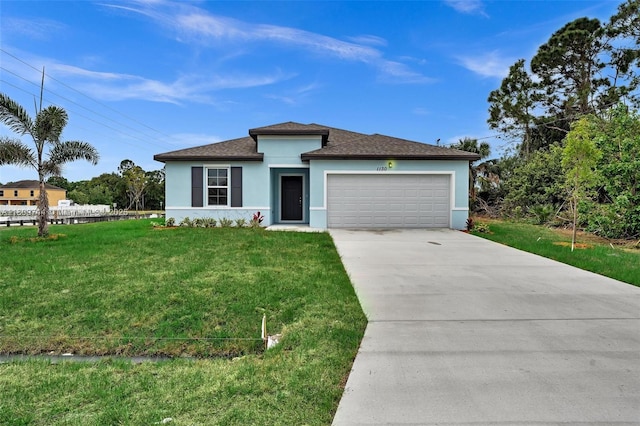 1130 SW Jericho Ave, Port St Lucie, FL 34953 - view of front of home featuring stucco siding, a garage, a front yard, concrete driveway, and a shingled roof
