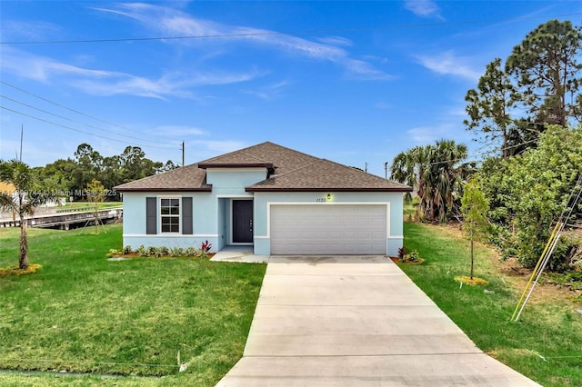 1130 SW Jericho Ave, Port St Lucie, FL 34953 - ranch-style house with a shingled roof, stucco siding, an attached garage, a front yard, and concrete driveway