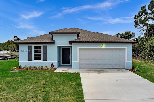 1130 SW Jericho Ave, Port St Lucie, FL 34953 - ranch-style home featuring roof with shingles, a front yard, stucco siding, concrete driveway, and a garage