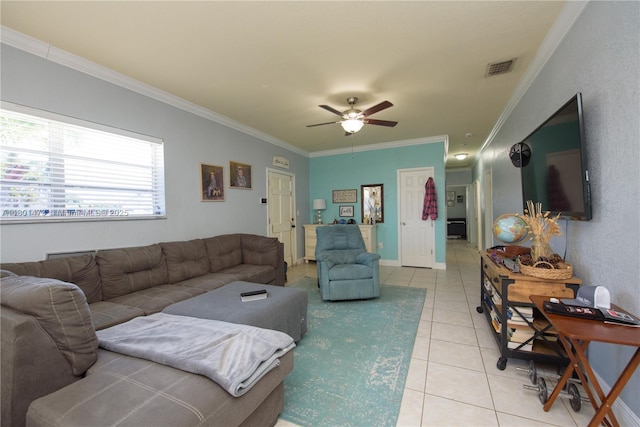 16610 SW 294th Ter, Homestead, FL 33033 - living room featuring crown molding, light tile patterned floors, and a ceiling fan
