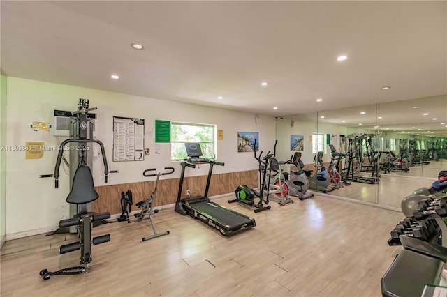 5156 NE 6th Ave Unit 227, Oakland Park, FL 33334 - exercise room with wood finished floors and recessed lighting