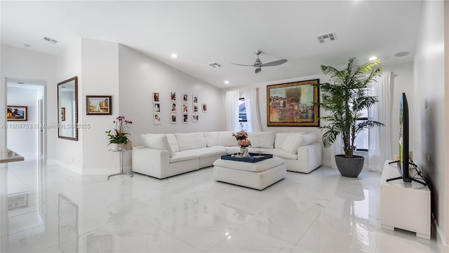 10412 NW 6th St, Coral Springs, FL 33071 - living area with a ceiling fan, marble tiled flooring, baseboards, vaulted ceiling, and recessed lighting