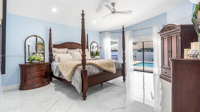 10412 NW 6th St, Coral Springs, FL 33071 - bedroom featuring access to outside, light marble finish floors, vaulted ceiling, recessed lighting, and a ceiling fan