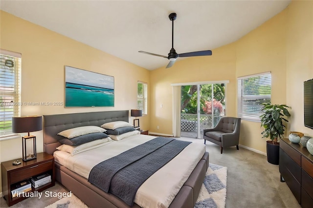 5708 NW 47th Ct, Coral Springs, FL 33067 - bedroom featuring access to exterior, carpet, baseboards, lofted ceiling, and a ceiling fan