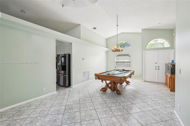 5708 NW 47th Ct, Coral Springs, FL 33067 - playroom featuring a textured ceiling, billiards, high vaulted ceiling, light tile patterned floors, and baseboards
