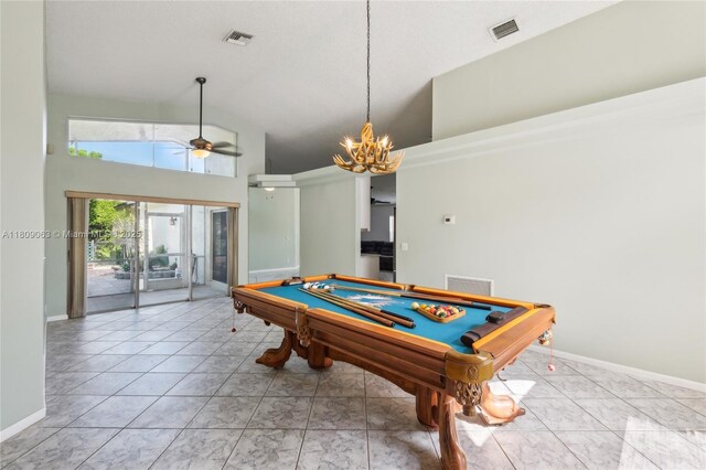 5708 NW 47th Ct, Coral Springs, FL 33067 - rec room with high vaulted ceiling, pool table, a chandelier, a ceiling fan, and baseboards