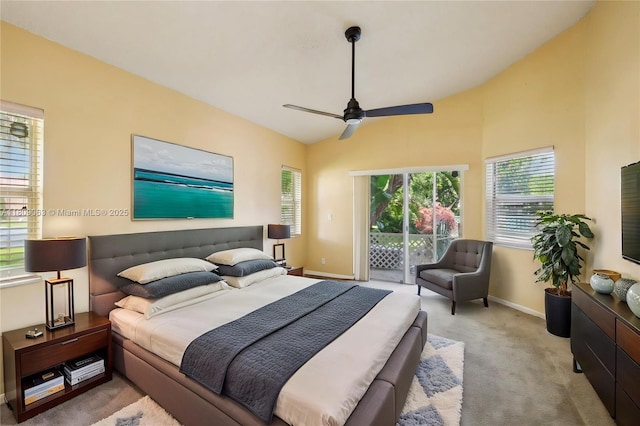 5708 NW 47th Ct, Coral Springs, FL 33067 - bedroom featuring access to exterior, carpet, vaulted ceiling, baseboards, and ceiling fan