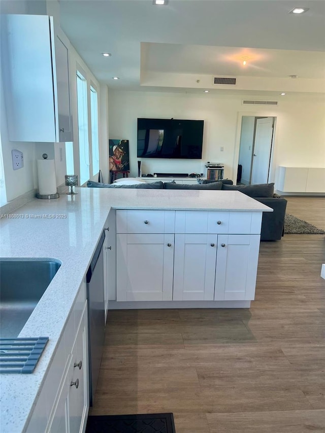 4100 SW 64th Ave Unit 201, Davie, FL 33314 - kitchen with open floor plan, light stone countertops, white cabinets, a peninsula, and recessed lighting