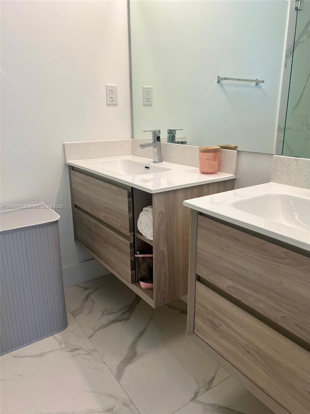 4100 SW 64th Ave Unit 201, Davie, FL 33314 - bathroom with marble look tiles, two vanities, and radiator heating unit