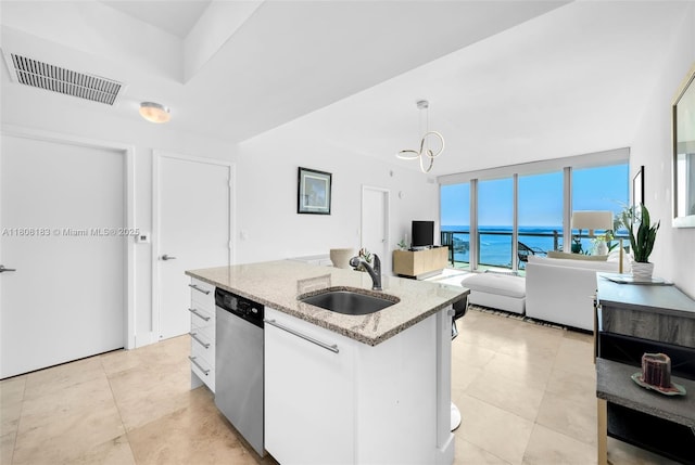 888 Biscayne Blvd Unit 3702, Miami, FL 33132 - kitchen with a sink, stainless steel dishwasher, white cabinetry, open floor plan, and light tile patterned flooring