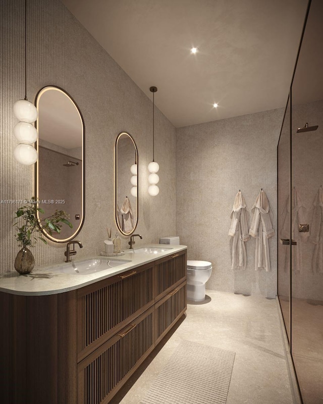 4241 Aurora St Unit 701, Coral Gables, FL 33146 - bathroom featuring a walk in shower, double vanity, and toilet
