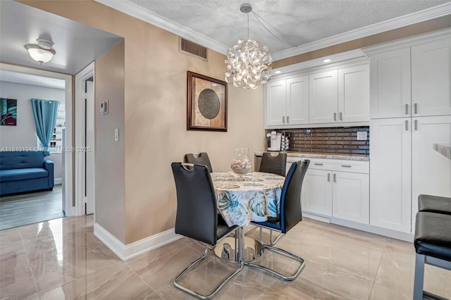 720 Bayshore Dr Unit 804, Fort Lauderdale, FL 33304 - dining space featuring light marble finish floors, a chandelier, baseboards, crown molding, and a textured ceiling
