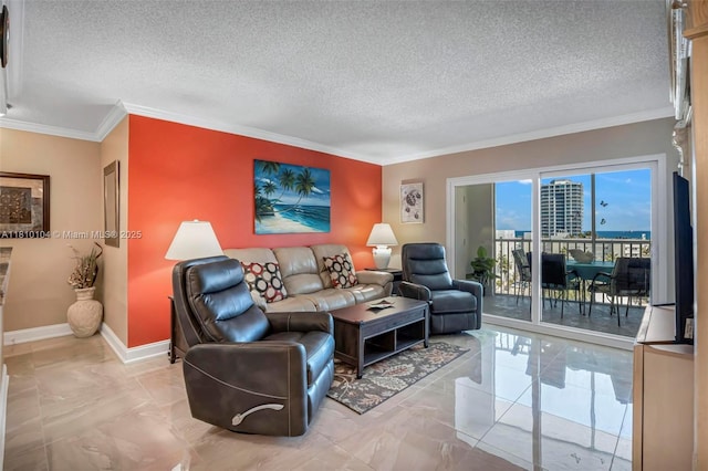720 Bayshore Dr Unit 804, Fort Lauderdale, FL 33304 - living room featuring marble finish floors, crown molding, a textured ceiling, and baseboards