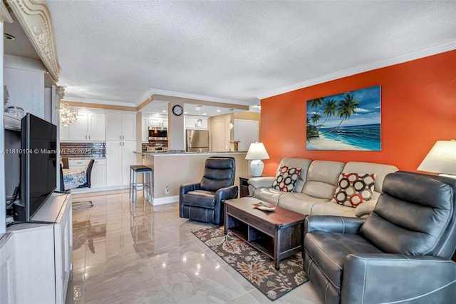 720 Bayshore Dr Unit 804, Fort Lauderdale, FL 33304 - living area with ornamental molding, light marble finish flooring, and a textured ceiling