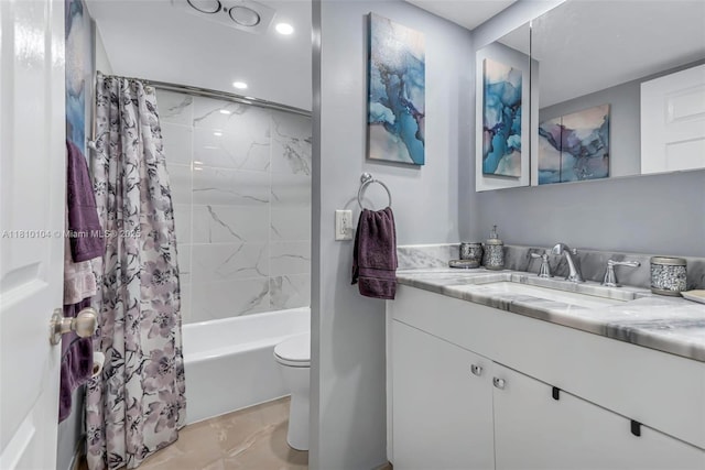 720 Bayshore Dr Unit 804, Fort Lauderdale, FL 33304 - bathroom with vanity, toilet, shower / bath combo with shower curtain, marble look tiles, and recessed lighting