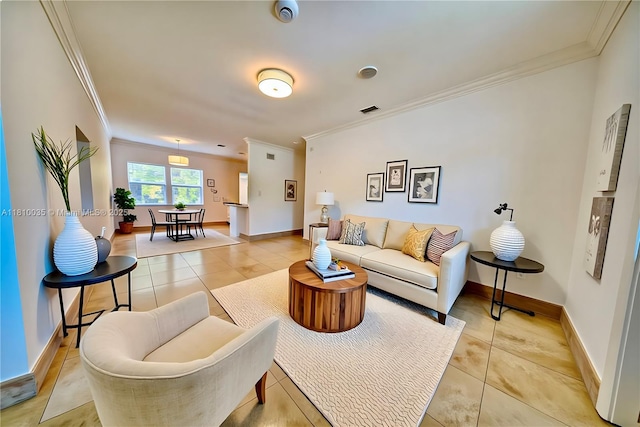 7 Montilla Ave, Coral Gables, FL 33134 - living room with ornamental molding, light tile patterned floors, and baseboards