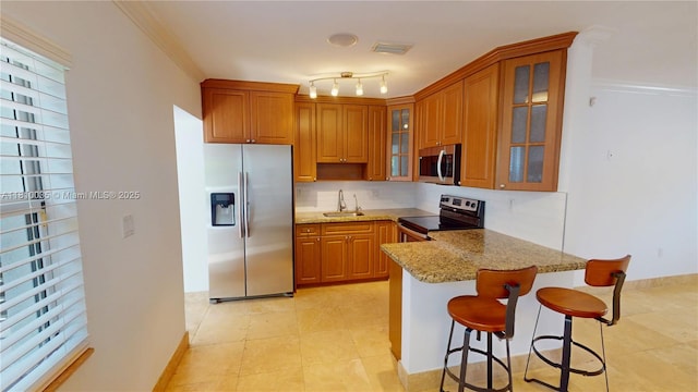 7 Montilla Ave, Coral Gables, FL 33134 - kitchen with appliances with stainless steel finishes, a sink, a peninsula, brown cabinetry, and crown molding