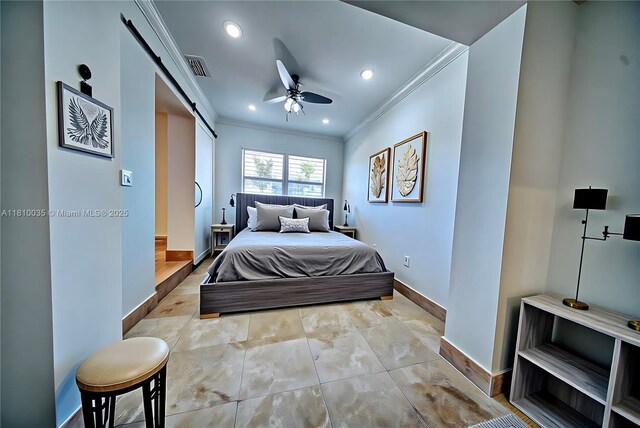 7 Montilla Ave, Coral Gables, FL 33134 - bedroom featuring ornamental molding, baseboards, recessed lighting, a barn door, and a ceiling fan