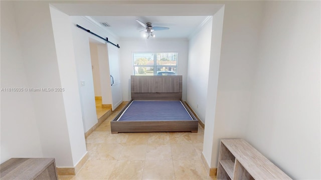 7 Montilla Ave, Coral Gables, FL 33134 - corridor with a barn door, crown molding, and light tile patterned floors