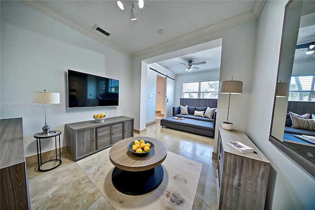 7 Montilla Ave, Coral Gables, FL 33134 - living area featuring ceiling fan, crown molding, plenty of natural light, and baseboards