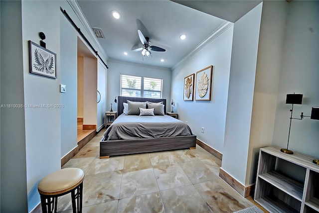 7 Montilla Ave, Coral Gables, FL 33134 - bedroom featuring crown molding, recessed lighting, a barn door, and a ceiling fan