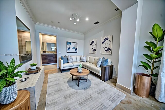 7 Montilla Ave, Coral Gables, FL 33134 - living room with ornamental molding, baseboards, a chandelier, and recessed lighting