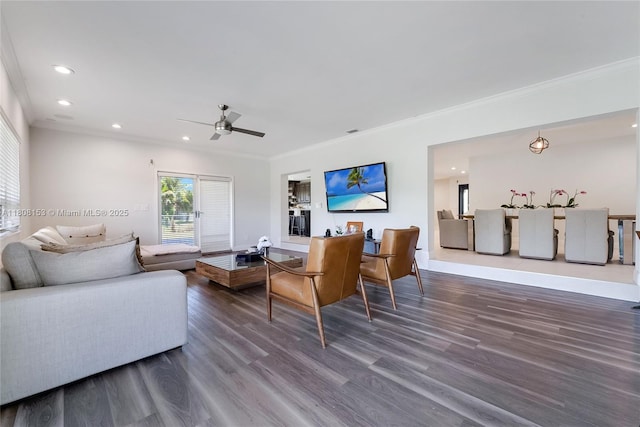 8005 SW 106th St, Miami, FL 33156 - living area with ceiling fan, crown molding, wood finished floors, recessed lighting, and baseboards