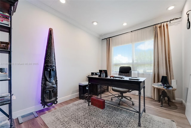 8005 SW 106th St, Miami, FL 33156 - home office with ornamental molding, baseboards, light wood-style flooring, and recessed lighting