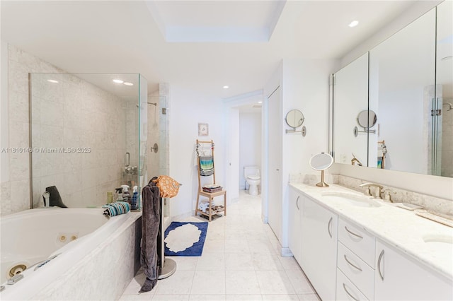 1331 Brickell Bay Dr Unit 2805, Miami, FL 33131 - bathroom with a stall shower, double vanity, toilet, a whirlpool tub, and tile patterned flooring