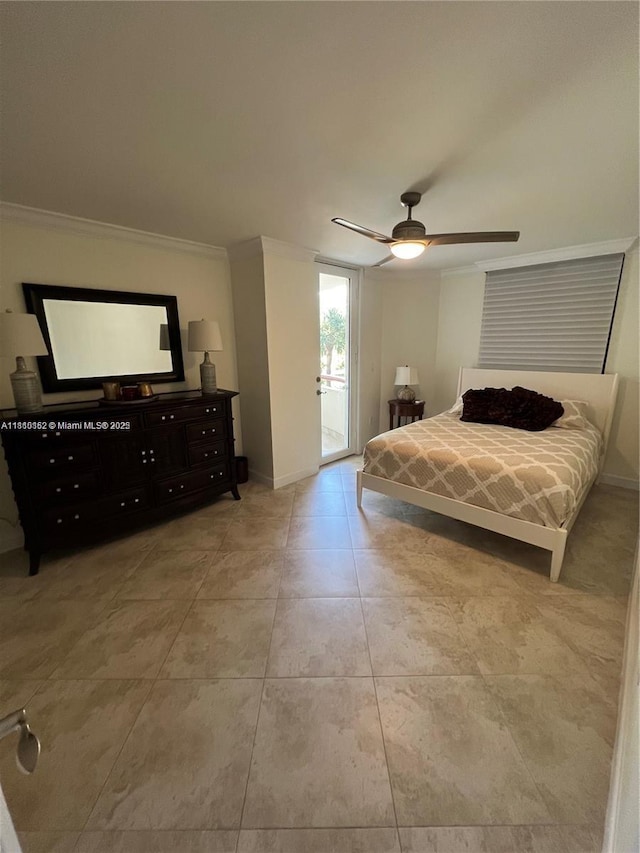 15645 Collins Ave Unit 301, Sunny Isles Beach, FL 33160 - bedroom featuring crown molding, access to exterior, light tile patterned flooring, ceiling fan, and baseboards