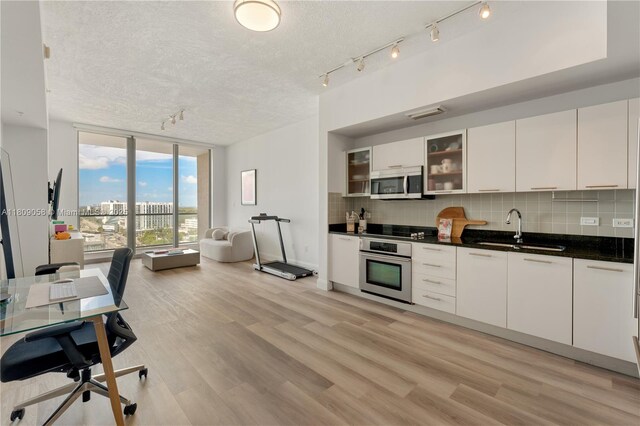 3470 E Coast Ave Unit H1402, Miami, FL 33137 - kitchen with appliances with stainless steel finishes, a sink, expansive windows, tasteful backsplash, and glass insert cabinets