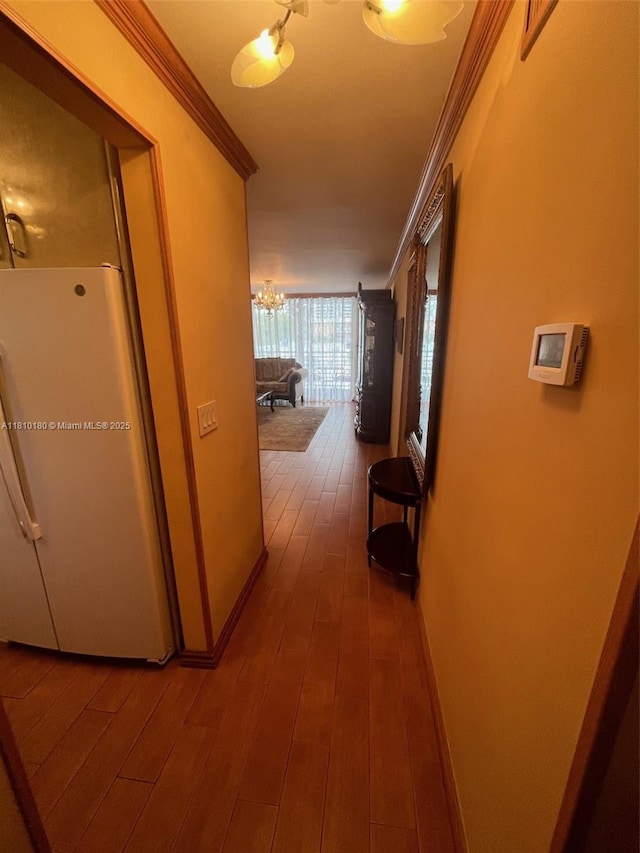 3551 NE 169th St Unit 301, North Miami Beach, FL 33160 - corridor featuring ornamental molding, dark wood-style flooring, and a chandelier