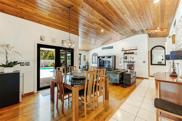 14680 SW 107th Ter, Miami, FL 33186 - dining area with lofted ceiling, wooden ceiling, a chandelier, light wood-type flooring, and baseboards