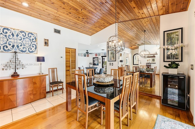 14680 SW 107th Ter, Miami, FL 33186 - dining room featuring wine cooler, a chandelier, light wood-style flooring, vaulted ceiling, and wood ceiling