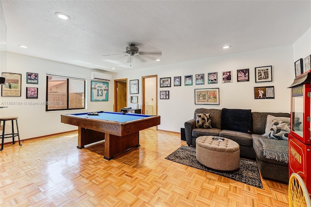 14680 SW 107th Ter, Miami, FL 33186 - game room with a wall unit AC, billiards, a ceiling fan, baseboards, and recessed lighting