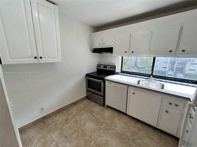 17021 N Bay Rd Unit 329, Sunny Isles Beach, FL 33160 - kitchen featuring white dishwasher, electric range, a sink, under cabinet range hood, and white cabinetry