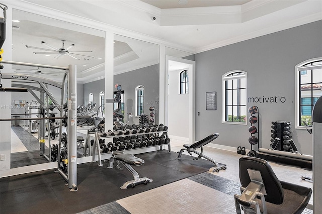 1403 SW 113th Ave, Pembroke Pines, FL 33025 - exercise room featuring a tray ceiling, ceiling fan, plenty of natural light, crown molding, and baseboards