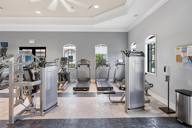 1403 SW 113th Ave, Pembroke Pines, FL 33025 - workout area with crown molding, baseboards, ceiling fan, a raised ceiling, and recessed lighting