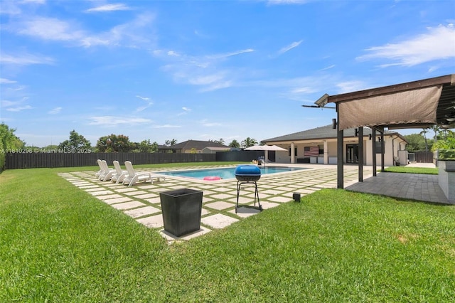 21305 SW 177th Ct, Miami, FL 33187 - view of swimming pool with a patio, a fenced backyard, a grill, and an outdoor structure