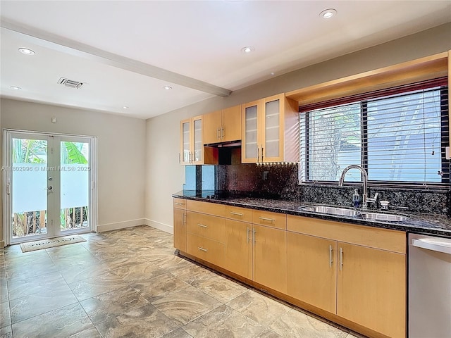 2810 Crystal Ct, Miami, FL 33133 - kitchen with dishwasher, a sink, tasteful backsplash, baseboards, and french doors