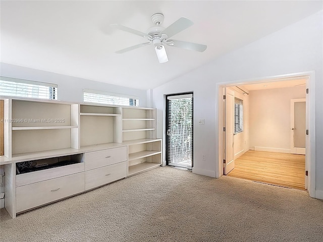 2810 Crystal Ct, Miami, FL 33133 - unfurnished bedroom featuring vaulted ceiling, carpet floors, baseboards, ceiling fan, and access to outside